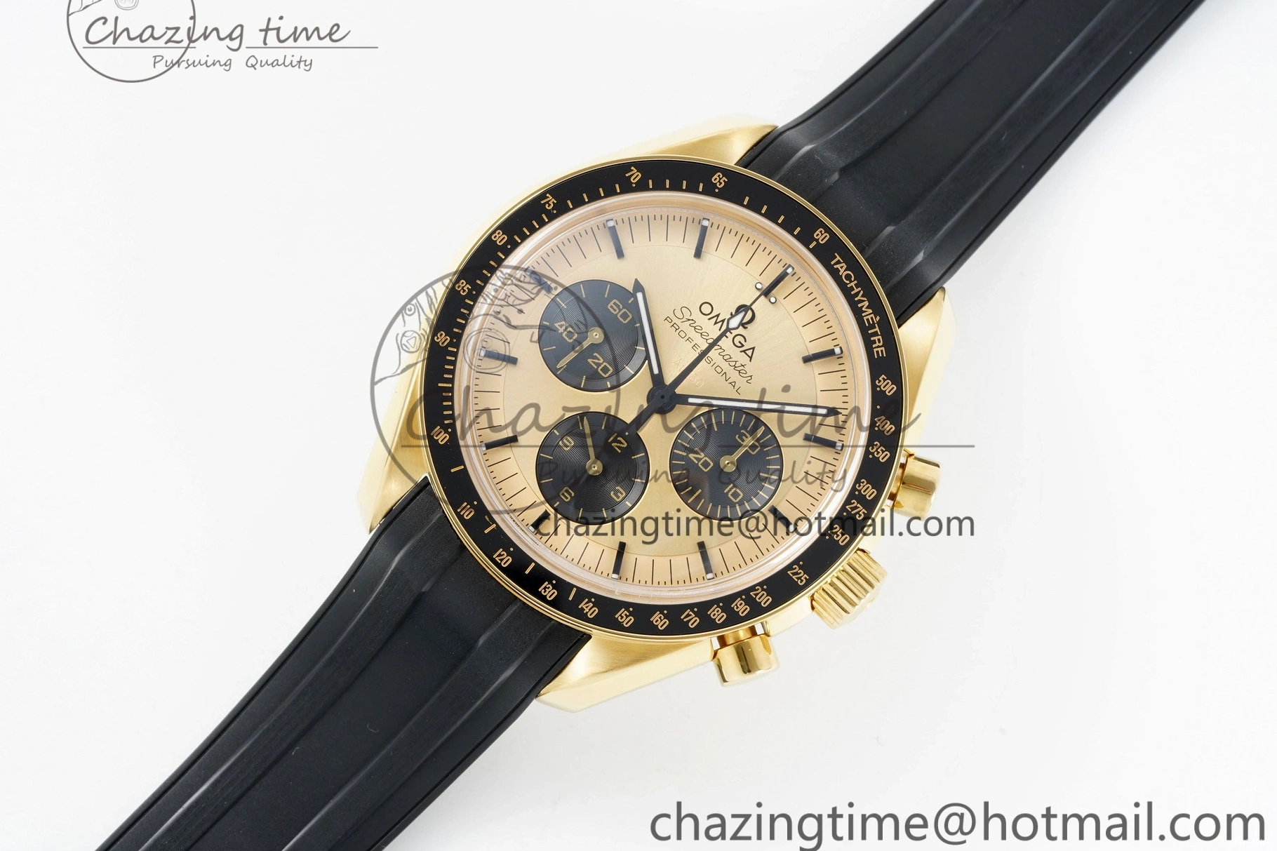 0327 TimelessDesign Speedmaster Moonwatch in Moonshine Gold YG RMF Best Edition YG Dial on Black Rubber Strap Manual Chrono 7834